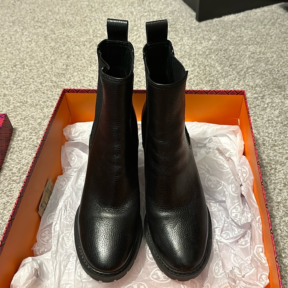 Like new, Tory Burch Perfect Black Lug 70mm Bootie, tumbled leather in US8.